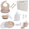 Vaisselle bébé en silicone sable - Set 10 pièces avec assiette divisée, bol, verre anti-goutte, bavoir, cuillère, fourchette, biberon doseur + cuillère - Sans BPA - Boîte cadeau