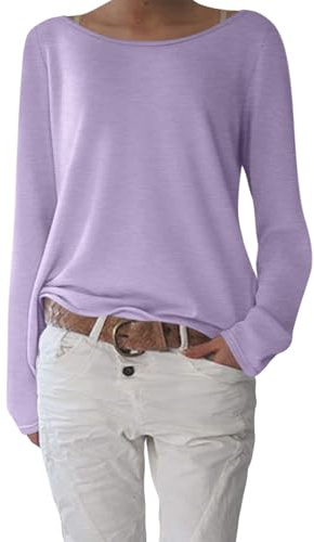 shownicer T-Shirt Damen Elegant U-Boot Ausschnitt Shirts Pullover Basic Langarm Oberteile Lässig Tops Longshirt A Violett L
