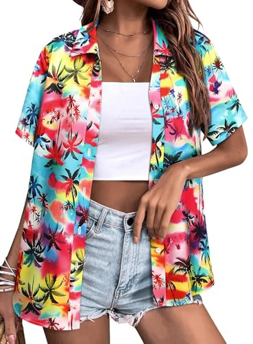 Yihelian Hawaiian Shirts for Women Summer Short Sleeve Top Floral Tropic Printing V Neck Button Down T Shirts Blouses Multicolor