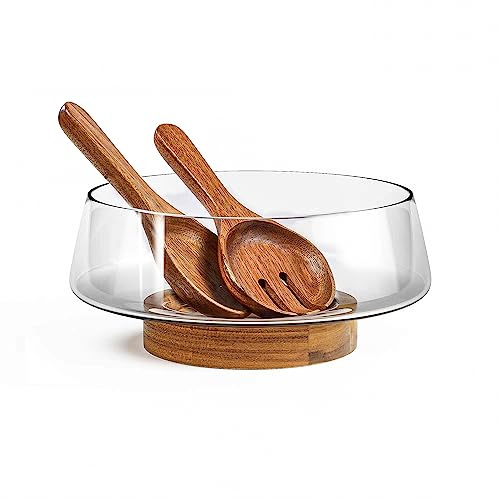 Juego de cuencos de ensalada de cristal, cuencos de fiesta extragrandes con base de madera de acacia y utensilios para servir, elegante y práctico esencial para la cocina