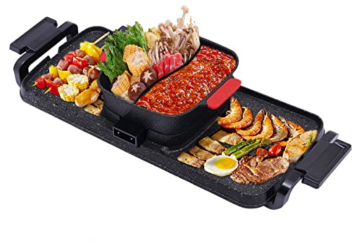 Barbacoa eléctrica 2 en 1, 1100 W + 2200 W, olla caliente multifuncional para barbacoa, doble control, Shabu para familia, cenas, amigos y fiestas