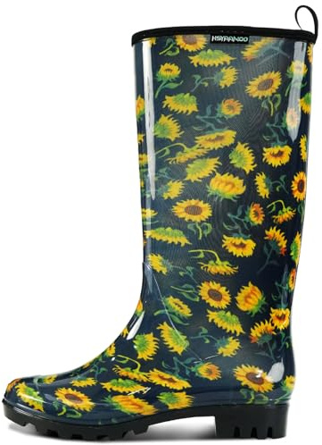 HSYAAMOO Women’s Tall PVC Rain Boots, Navy Sunflower – Waterproof Non-Slip Garden Boots