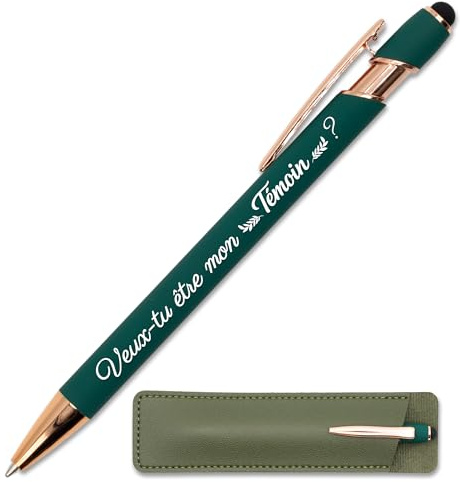 StarMaker Stylo gravé Veux tu être mon témoin, Vert profond cuivré avec étui cuir - Stylo en métal tactile 2 en 1 - Cadeau annonce demande témoin de mariage homme femme