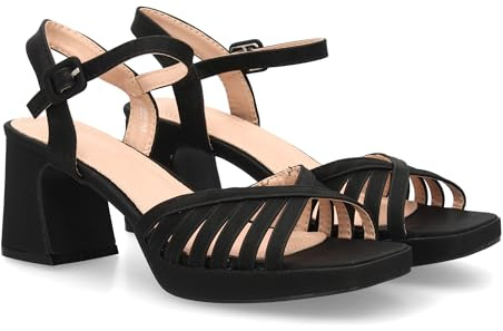 shoes&blues.es Sandalia de Tacon Ancho con Plataforma para Mujer, Tacon y Altura Comodos, Estructura de Multi Tira y Cierre con Pulsera Ajustable de Hebilla en el Tobillo. Ideal para Eventos