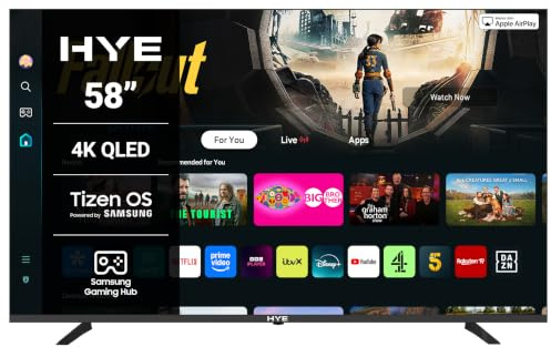 HYE 58 QLED Smart TV - 4K Ultra HD, Samsung Tizen OS & Gaming Hub, Black | Apple AirPlay, Alexa & Bixby Voice Control, HDR, Bluetooth, WiFi, 3x HDMI - Perfect for Streaming, Gaming & Entertainment