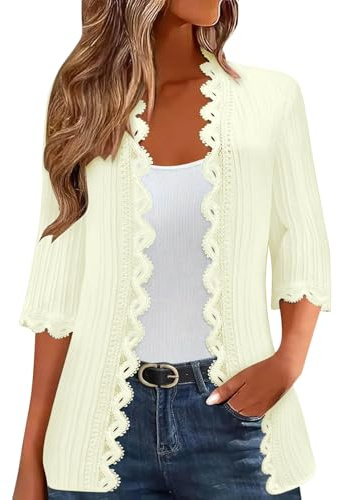 Generisch Chaqueta de punto para mujer, primavera, manga 3/4, cuello en V, cárdigan fino, abrigo de punto de verano, ligero, transparente, tiempo libre, playa, bolero, cárdigan para exteriores, con