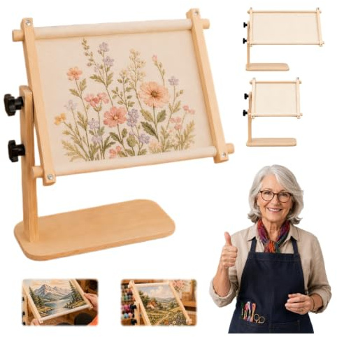 Adjustable Tabletop Embroidery Stand, Cross Stitch Frame Holder, Wooden Free Embroidery Frame Stand with 360° Rotating Stable Sitting-Base Design for Sewing Arts Crafts，15*30cm/5.91*11.81 in