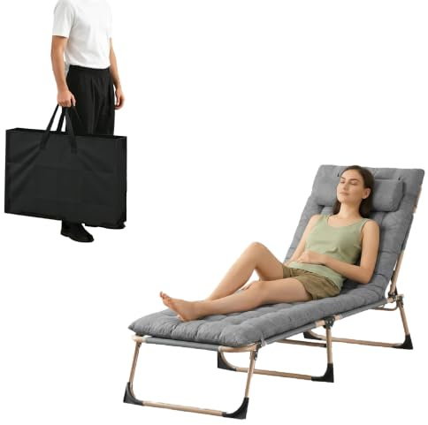 JAMK Folding Sun Lounger Bed Chair with Cushion and Bag with 3 Recline Positions– Extra Wide Portable & Foldable Sunbed with 10cm Breathable Oxford Fabric for Garden, Patio, Camping (Grey, 1pcs)