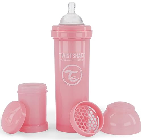 Twistshake Biberon Anti-Colique 330 ml avec Récipient à Lait en Poudre et Mélangeur – Tétine en Silicone Débit Rapide – Sans BPA – Idéal pour Bébé dès 4 Mois – Rose