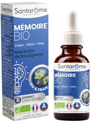 Santarome Bio - Mémoire Bio - Macérat de bourgeons - Complément Alimentaire Mémoire et Concentration - Gémmothérapie - Ginkgo, Olivier, Chêne | Flacon Pipette 30 ml | France