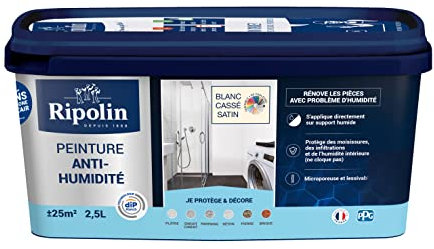 RIPOLIN - Peinture Anti-Humidité Intérieur - Haute Protection pour Murs Sujets aux Infiltrations d'Eau - Protège des Moisissures - Microporeuse & Lessivable - Satin - 2,5L - Blanc Casse