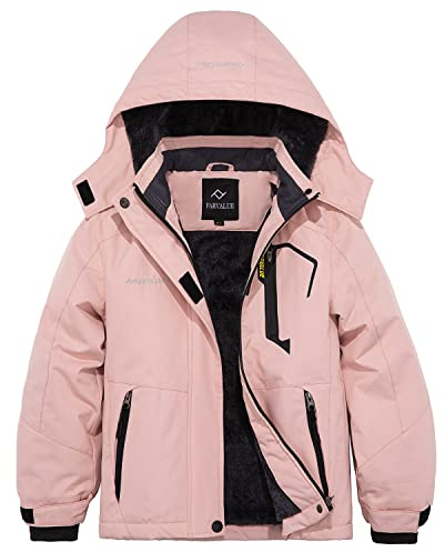 FARVALUE Girls Waterproof Skiing Jacket Windproof Winter Coat Warm Snow Coat with Removable Hood Pink 6-7