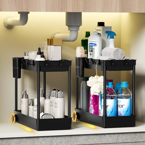 Waretary 2-Tier Under Sink Storage for Kitchen & Bathroom, Pull- Out Designed Under Sink Storage Units with 4 Hooks 1 Hanging Cup (Black, 2 Pack)