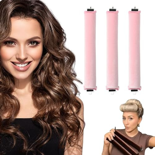 Yeria Overnight Blowout - Bigoudis sans chaleur pour dormir - Lot de 3 - Ruban à friser - Grand pour tous les types de cheveux (rose et blanc)