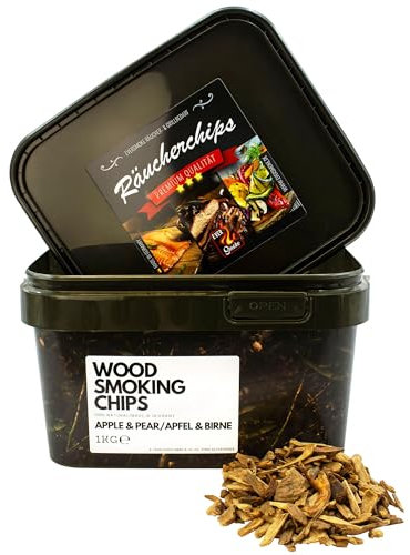 EVERSMOKE® Premium BBQ Räucherchips im praktischen Eimer - 4 versch. Sorten für bestes Raucharoma - besonders rauchaktives Räucherholz - Räucherschnitzel (Apple&Pear/Apfel&Birne)