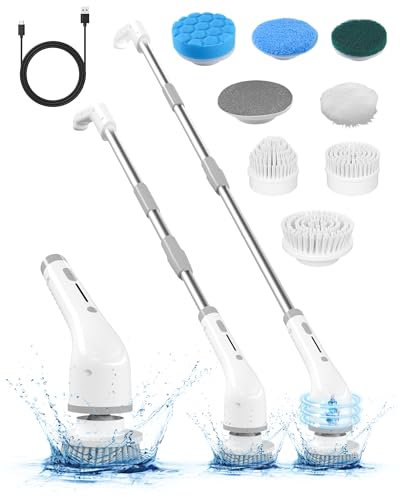 Elektrische Reinigungsbürste,Electric Spin Scrubber schnurlos mit 8 austauschbaren Bohrbürstenköpfen, Wanne und Bodenfliese mopSet mit 137cm verstellbarem Griff (Weiß)