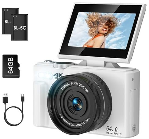LAMA Appareil Photo Numérique 5K 75MP, Mini Appareils Photo Numériques Compact avec Carte SD 64G, 3,0 Pouces Écran Flip 180°pour Enfants Adolescents Débutants (Blanc)