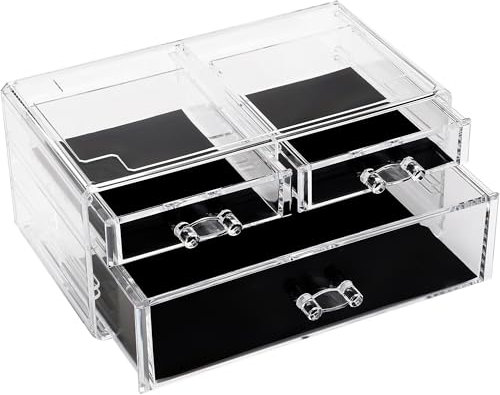 Sea Team Clear Makeup Organizer con Espositore Cosmetico Acrilico e Cassetti - Scatola Portagioie e Supporto per Tavolo da toeletta, Bagno e Piano di Lavoro (1 Grande, 2 Piccoli Cassetti)