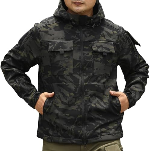 Veste tactique à capuche coupe-vent et imperméable - Veste softshell d'extérieur militaire - Veste d'extérieur pour le camping, la pêche, la chasse - Veste fonctionnelle avec de nombreuses poches -