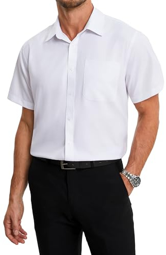 HISDERN White Short Sleeve Shirts for Men Iron Free Regular Fit Business Casual Dress Shirts for Work Office with Pocket 3XL