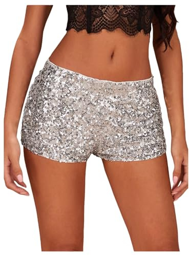 SHENHE Women's Sparkly Sequin Shorts Sexy Low Rise Y2k Glitter Rave Micro Shorts Hot Pants Silver X-Small