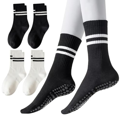 KASURE 4 Pares Calcetines Antideslizantes Mujer, Deportes Pilates Antideslizantes, Pilates, Yoga, Aeróbic Calcetines Yoga Mujer Negro + Blanco