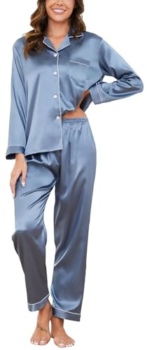Reliwel Ensemble de pyjama pour femme en satin de soie à manches longues boutonné - Pyjamas pour femmes en soie à deux pièces pour femmes - Ensembles de vêtements de nuit décontractés pour le