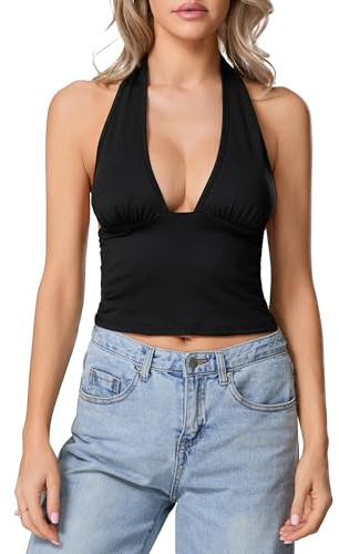 Women's Sexy Deep V Neck Halter Tank Top Slim Fitted Strap Backless Crop Cami Wrap Shirts Going Out Tops (A-Black, M)