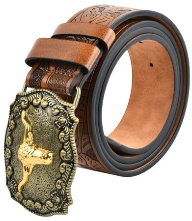 Wisebom Western Cowboy Gürtel, Vintage Long Horn Bull Rodeo Western Cowboys Gürtel Geprägter Ledergürtel für Männer Frauen Cowboy Cowgirl Leder Herrengürtel Gürtel Herren für Jeans