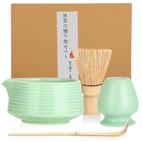 Matcha Kit – Té Matcha Kit de 4 Piezas para la Ceremonia del Té: Cuenco de Cerámica con Pico Vertedor, Batidor de Bambú con Soporte, Cuchara para Matcha – Clásico Regalo Verde para la Ceremonia del Té