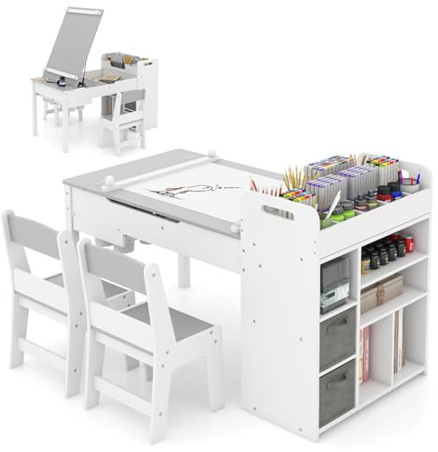 GOPLUS Mesa de Arte 2 en 1 con 2 Sillas, Juego de Sillas para Niños con Tablero de Mesa Plegable, Portarrollos de Papel, Barras de Presión y Estantes, Juego de Muebles Infantil (Gris)