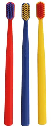 Cepillo de dientes VED ProCura Ultra Soft: Cepillo de dientes manual suave para adultos con cerdas supersuaves para dientes y encías sensibles. (DARK BLUE+RED+YELLOW)