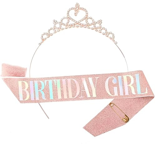 JYNXOR Couronne et Écharpe d'Anniversaire pour Femmes Couronne de Reine et Diadème en Strass Diadèmes et Écharpes d'Anniversaire pour filles Décorations d'Anniversaire Accessoires pour Cheveux,rose