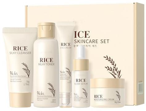 Korean Skincare Set,5PCS Rice Skin Care Sets - Face Skin Care Sets & Kits - Cleanser,Toner,Serum,Eye Cream & Moisturizer - Skincare Christmas Gifts for Women Teenage Girls Mom, Travel Skincare Set