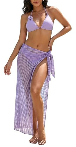 ZHAOCAI Women's Triangle Bikini Sets with Cover Up, Sexy Halter Neck 3 Piece Swimsuit, Low Waisted Ladies Swimwear Bathing Suit for Beach Holiday Pool Vacation Spa Purple