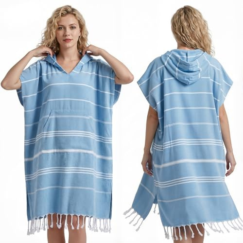 Twistover 1 Pcs Large Turkish Cotton Towel Poncho Surf Poncho 47 x 71 Inch Hooded Changing Towels Wearable Beach Towel Swim Robe with Pocket for Adult Men Women Beach Pool (Blue)