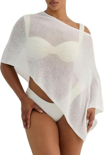 Svuitmsl Women Sheer Poncho Top Lightweight See Through Shrug Bolero Sweater Top Mesh Knit Crochet Beach Shawl Cover Up (C-White, M)
