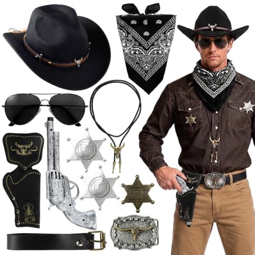 11 st cowboykostym män svarta tillbehör västerländsk outfit män cowboyhatt | Retro outfit cowboy bälte västerländsk kostym halloween karneval hölst halsband bandana märke bälte spänne solglasögon