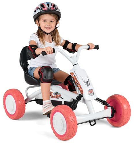 GYMAX Kids Pedal Go Kart, 4 Wheel Children Ride On Racer (White) | 2-Position Seat, Wear-Resistant Wheels, Pedal Racing Go-karts for Boys Girls 3 Years Old+