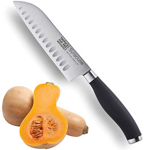 Taylors Eye Witness Syracuse Oriental Santoku Kitchen Knife - Professional 13cm/5 Inch Cutting Edge, Multi Use. Ultra Fine Dimpled, Razor Sharp Blade. Soft Textured Grip Matte Black Handle.