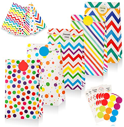Leenou 40 Pezzi Sacchetti Regalo di Carta, Buste Regalo Sacchetti per Caramelle, Borsa da Festa con 93 adesivi, Sacchettini Compleanno Bambini per Confezionare Regali, Matrimoni, Festa, Natale