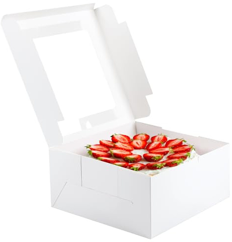 4 Pack Cake Boxes 10 Inch, Disposable Cake Transport Container, White Bakery Boxes with Large Window, for Cookies Pies Cupcakes Pastry (10×10×5 Inches)