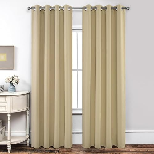 Joydeco Blackout Curtains for Bedroom 66 x 90 Inch, Eyelet Thermal Insulated Energy-saving Drapes for Room Darkening Light Filtering, Long Window Treatments 54 Inch Drop, 2 Panels - Beige