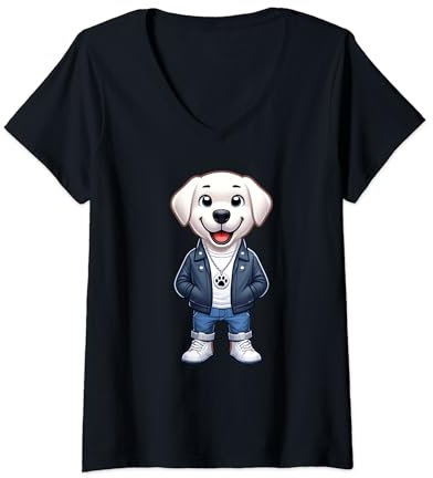 Damen Hundejacke, Labrador, Weiß T-Shirt mit V-Ausschnitt