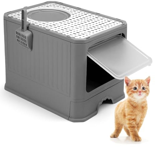 QWORK® Arenero Cubierto Grande para Gatos Con Pala, Hasta 12 kg, Gris