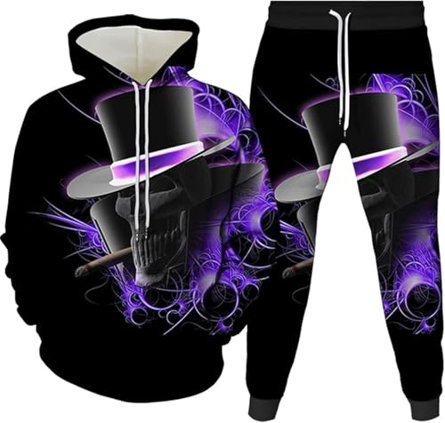 Set tuta gotica da uomo teschio punk rock felpa con cappuccio sweatshirt pantaloni da jogging pullover casual completi sportivi, S8., XXL