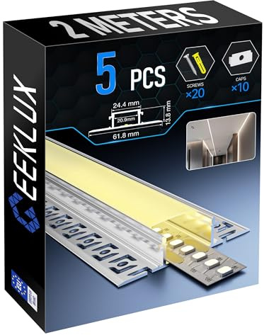 GEEKLUX LED-kakelprofil, 2 m, 5-pack och LED-remsa för infälld montering, LED-skena av anodiserad aluminium LED-kanal för upp till 20 mm remsor, diffusor för jämn ljusfördelning