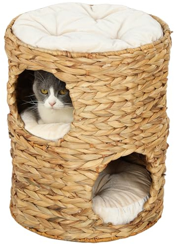 PawHut Tonneau à griffer, 50 cm de Haut Tonneau pour Chat avec 2 cavités, Arbre à Chat avec Coussin, Tour pour Chat en Jacinthe d'eau, pour Chat jusqu'à 3,5 kg, Marron Clair