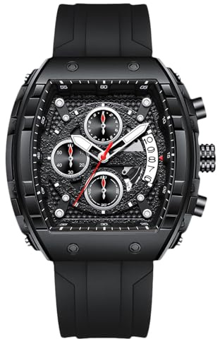 RORIOS Reloj de Pulsera Tonneau para Hombre Relojes Elegante Casual Reloj Deportivos Silicona Reloj Cuarzo Analógico Reloj Multifuncional Cronógrafo Negro A
