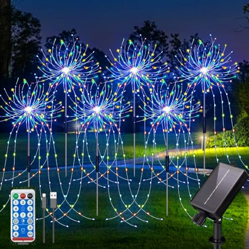 YZYOE 6 Pack 720 led al aire libre solar tierra insertado luces de fuegos artificiales coloridas con control remoto, Impermeable Solar & USB Powered patio atmósfera luces decorativas, 8 modos.